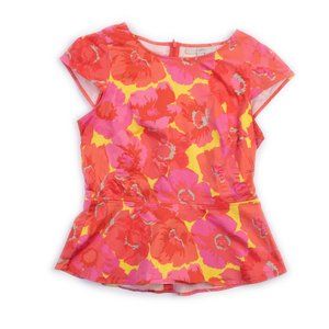 LOFT Red Pink Yellow Floral Cap Sleeve Peplum Cotton Top EUC Size 2, 4